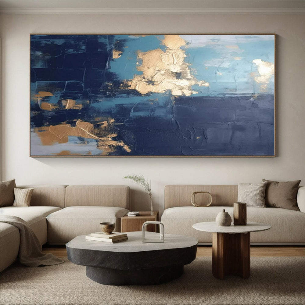 “Teal - Navy - Gold Abstract Textured Splashes” Painting On Canvas PS0837