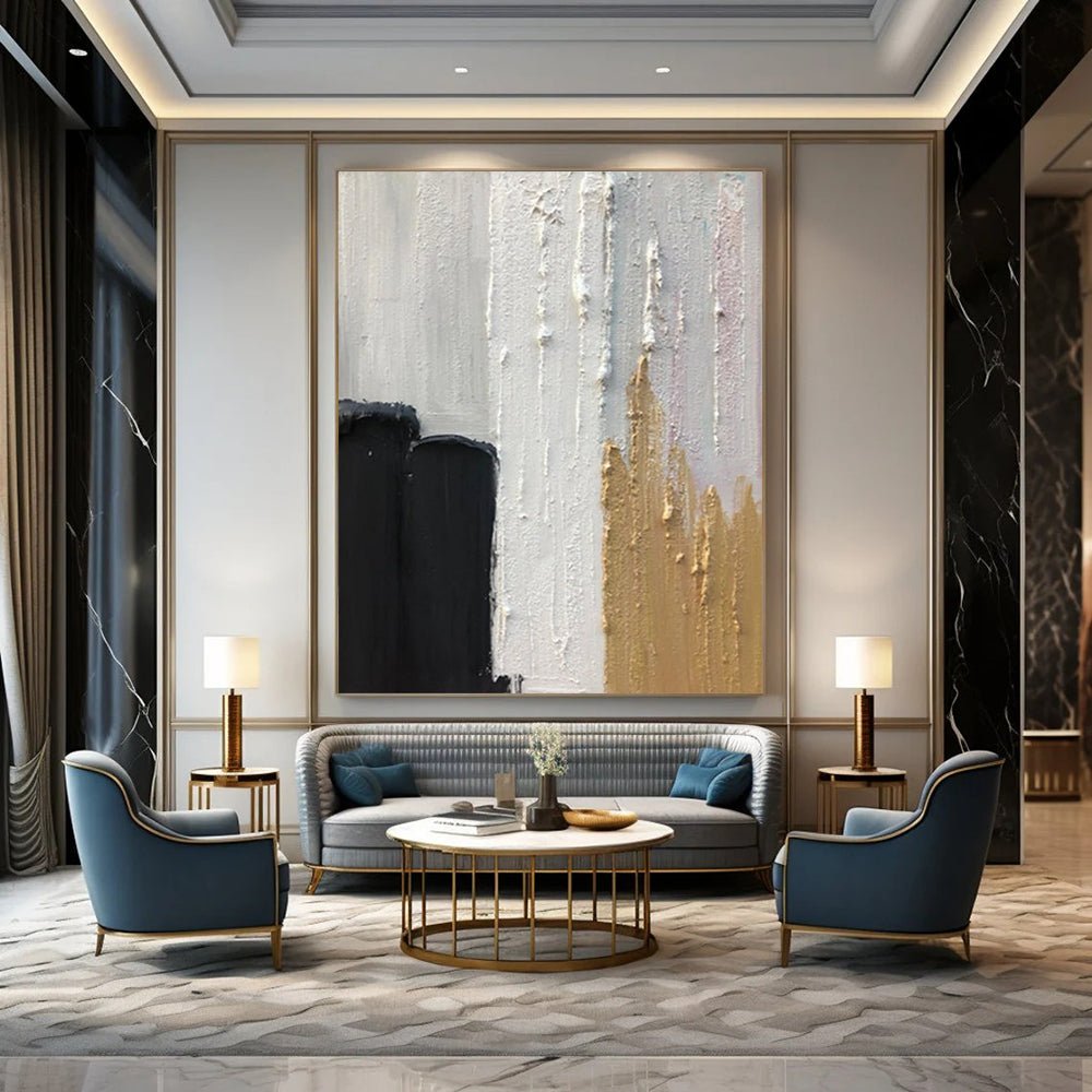 “Earthy Tones: Black, White, Gold Abstract” - Opulent Abstract Painting On Canvas DS397