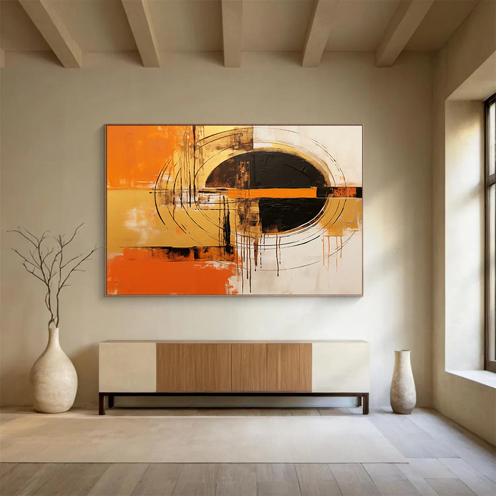 “Orange, Gold, and Black Circular Abstract” - Expressive Abstract Painting On Canvas PT105