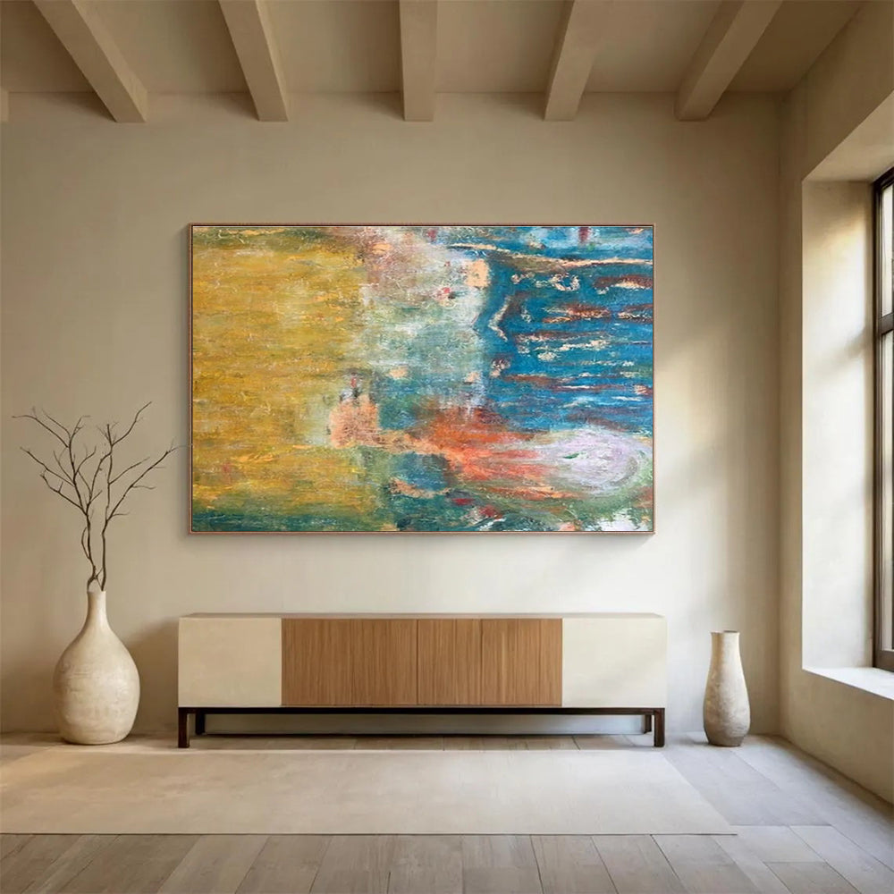 “Color Fusion Landscape” - Yellow, Blue & Green Abstract, Textured Oil Painting On Canvas DKS721