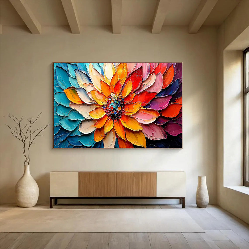 “Colorful Petals of a Blooming Flower” - Impasto Floral - Painting On Canvas PT1766