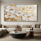 “3D White Flowers & Gold” - White, Gold Abstract Floral Painting On Canvas PS0658