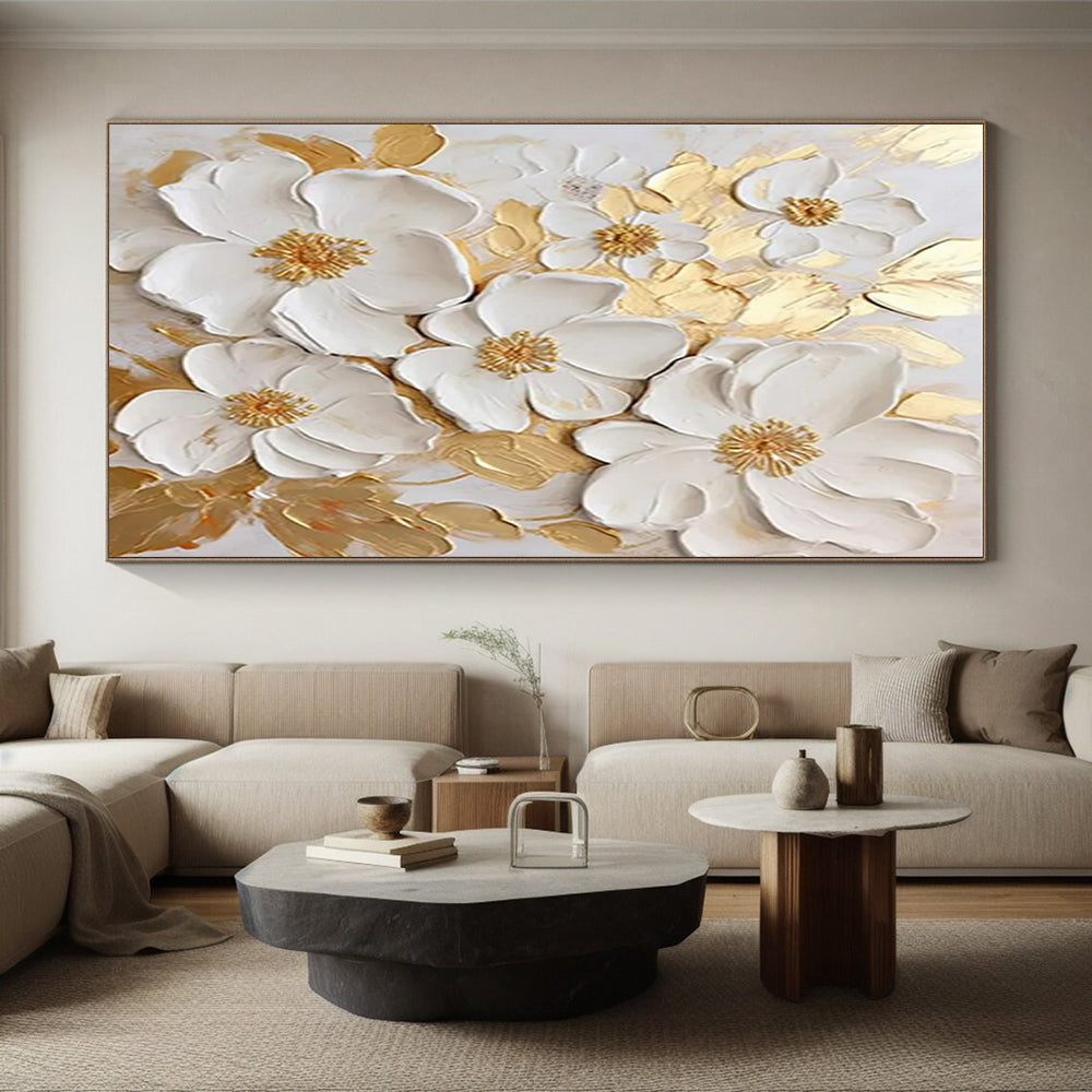 “3D White Flowers & Gold” - White, Gold Abstract Floral Painting On Canvas PS0658