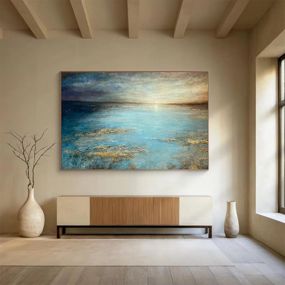 “Tranquil Blue Sea” - Blue, Gray & Gold Seascape, Impressionistic Oil Painting On Canvas DKS771
