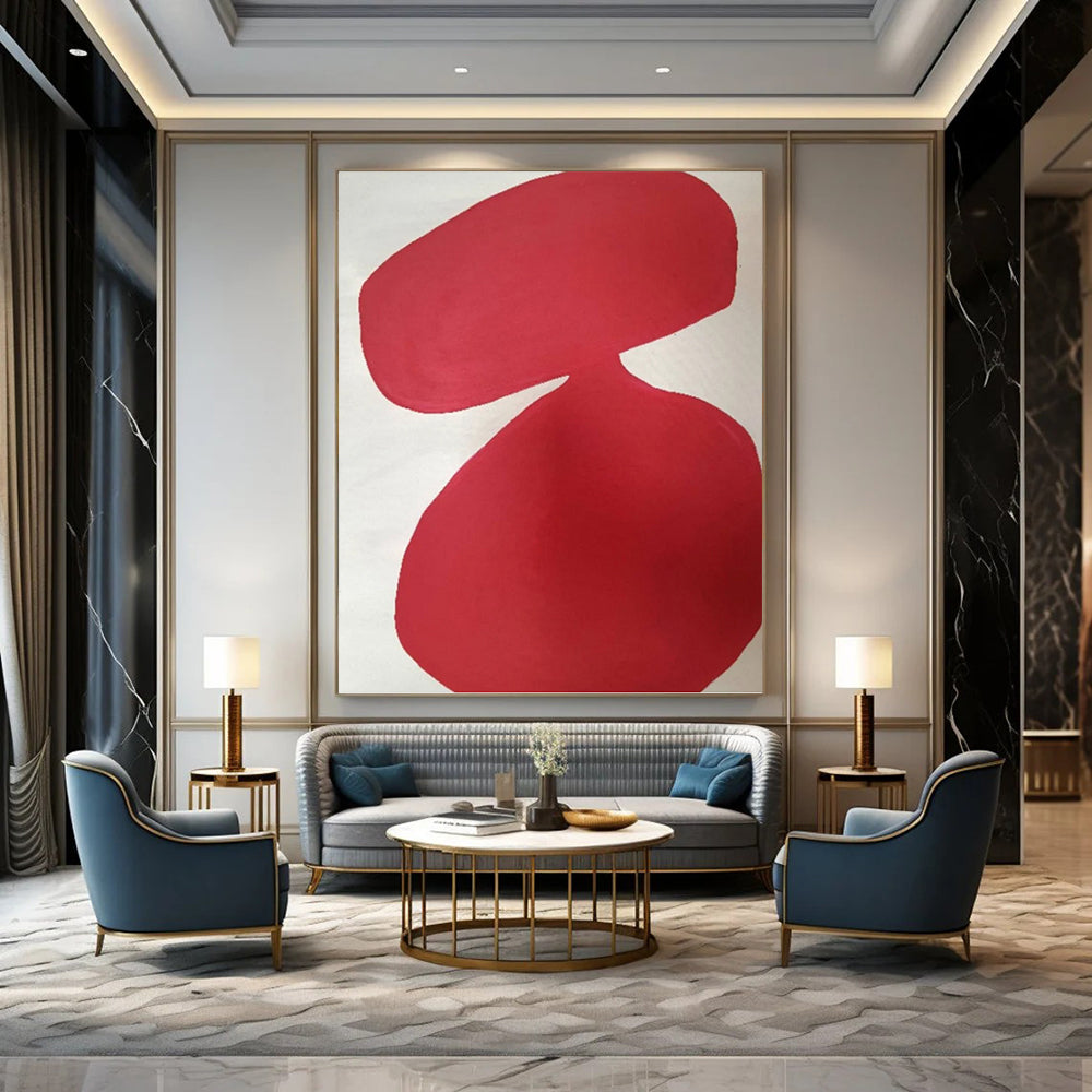 “Crimson Curved Forms on White” - Fluid Shapes Abstract Painting On Canvas PT1079