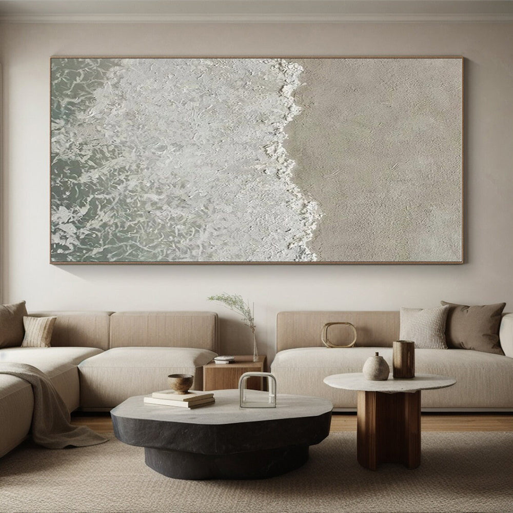 “Textured Beach Waves” - Beige, White, Blue Abstract Seascape Painting On Canvas PS0678