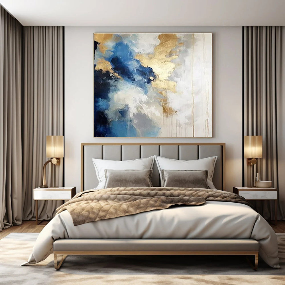 Blue, White, and Gold Abstract Clouds - Flowing Color Abstract Painting On Canvas PS1239