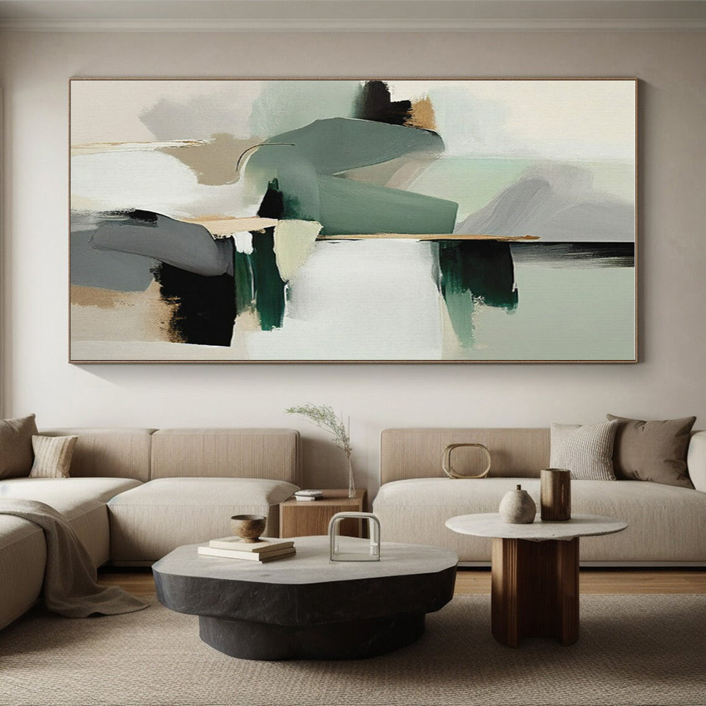 “Mint & Gray Abstract Composition” - Mint, Gray, White, Black Abstract Painting On Canvas PS0760