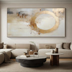 “Gold - White Abstract Circle” - Gold, White, Beige Abstract Minimalist Painting On Canvas PS0586