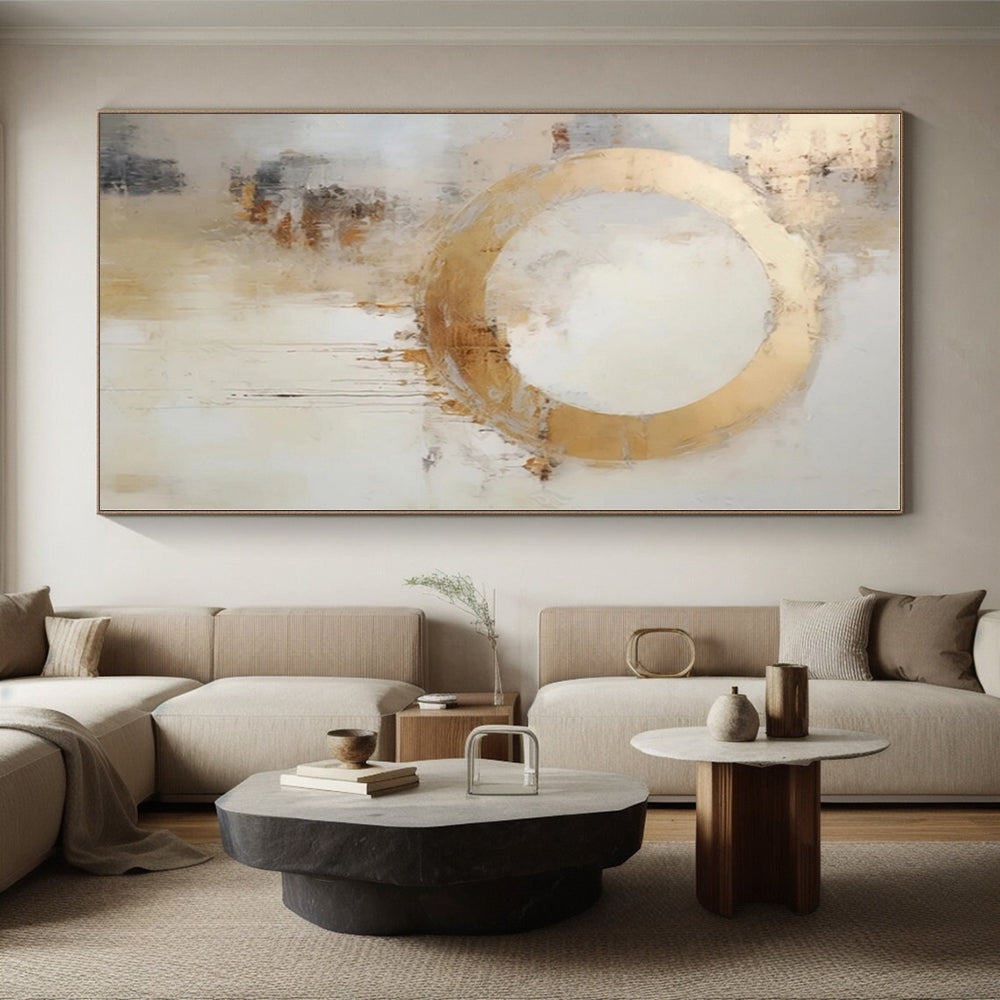 “Gold - White Abstract Circle” - Gold, White, Beige Abstract Minimalist Painting On Canvas PS0586
