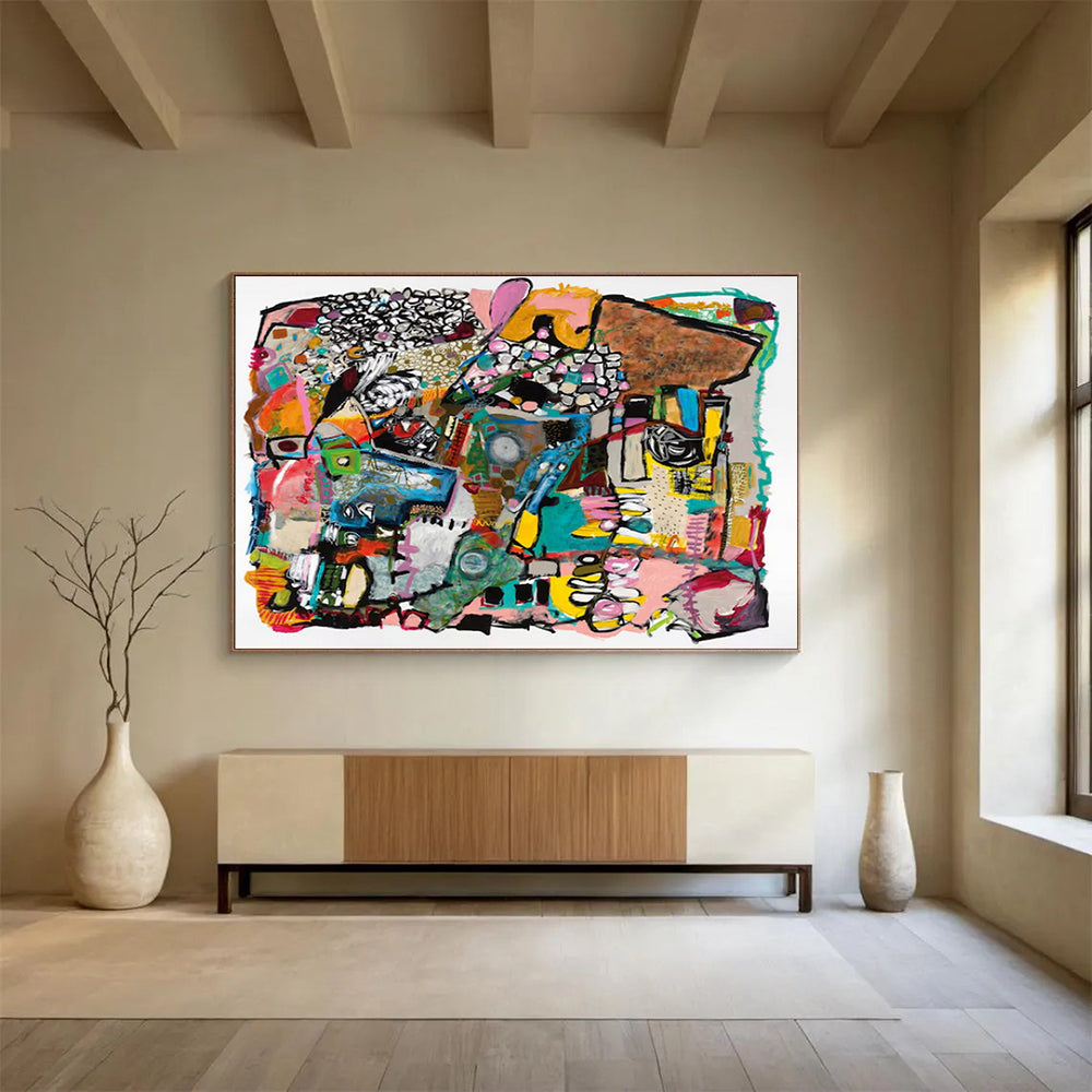 “Colorful Abstract Collage” - Vibrant Mix “Whimsical Mosaic” Painting On Canvas PT1656