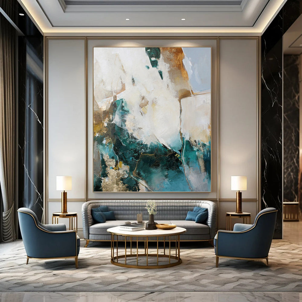 “Teal, Gold and White Abstract” - Bold Color Fusion Painting on Canvas PT1013