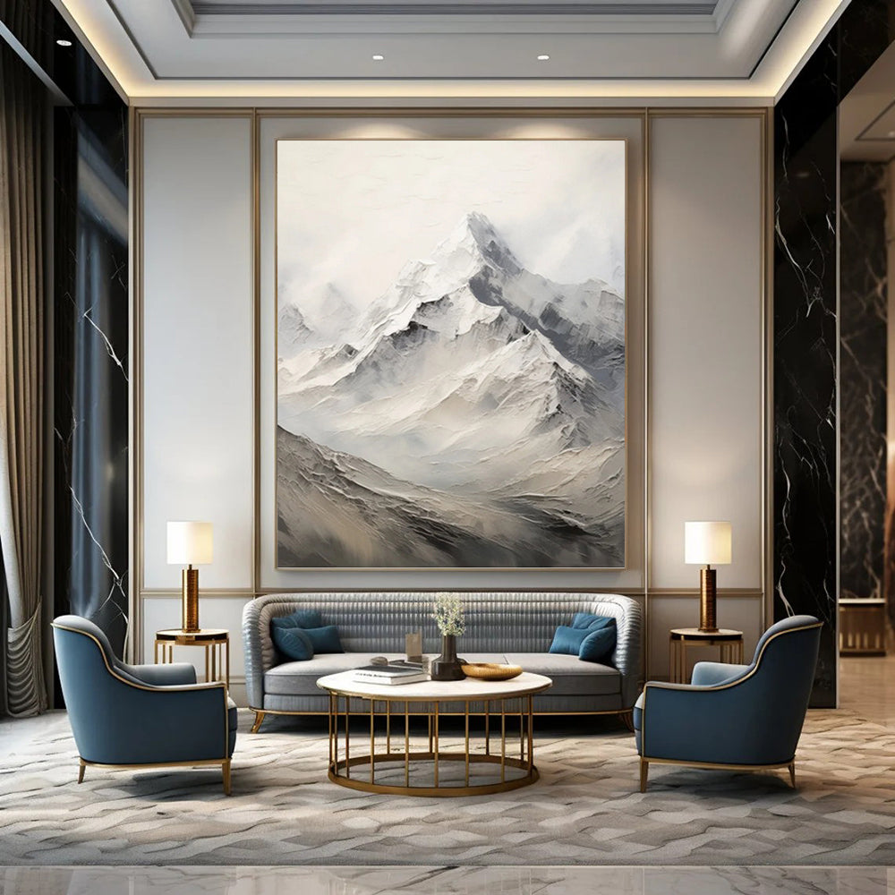“White - Grey Mountain Peaks” - Impasto Landscape Painting On Canvas PT1256