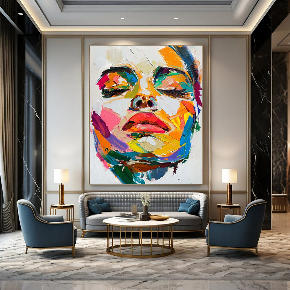 Colorful Abstract Face Close - Up Textured Painting On Canvas DS090