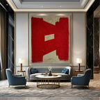 “Red Geometric Shape on Beige” - Bold Color Block Abstract Painting On Canvas PT1076