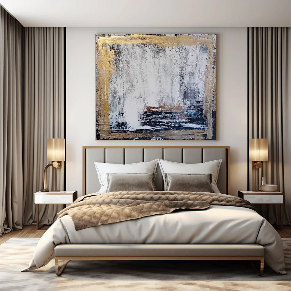 White, Gray, Gold with Textured Background "Gilded Frame" Abstract Painting On Canvas PS1198