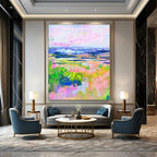 “Colorful Landscape: Pink, Green, and Blue Impressionistic Field” - Vibrant Impressionistic Painting On Canvas PT0934