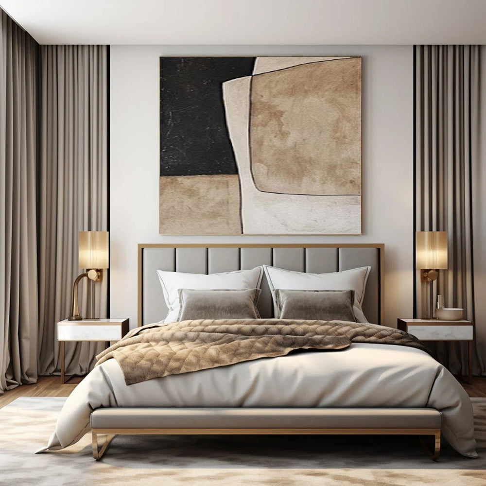 Beige and Black Geometric Shapes "Neutral Abstraction" Abstract Painting On Canvas PS1080