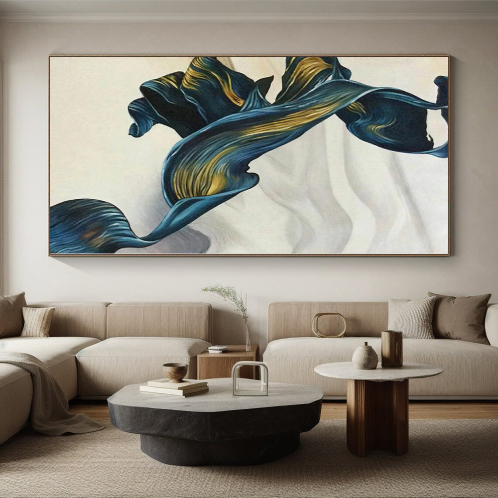 “Blue - Gold Flowing Abstract Ribbon” - Graceful Abstract Painting On Canvas PS0301