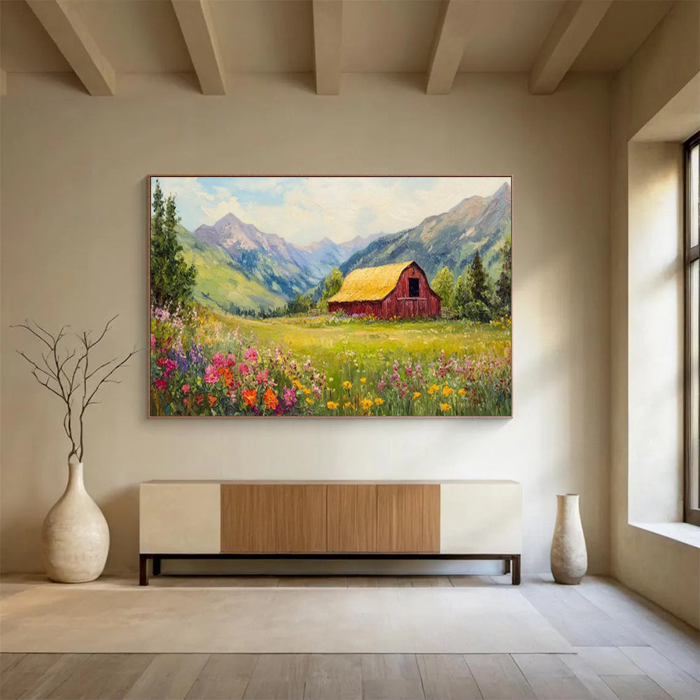 “Idyllic Mountain Barn” - Green, Yellow & Pink Landscape, Folk - Art Inspired Painting On Canvas DKS727