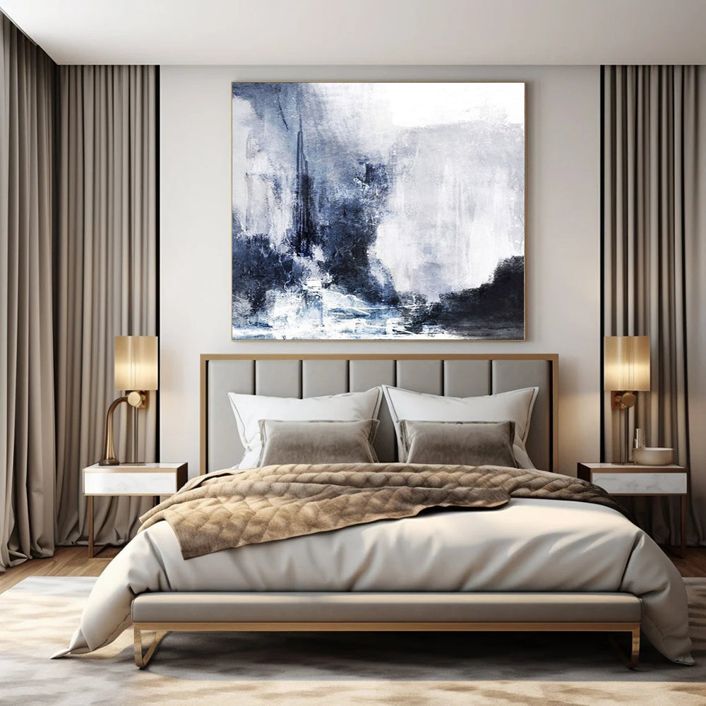 Blue, Gray and White with Moody Textures "Stormy Harbor" Abstract Landscape Painting On Canvas PS1132