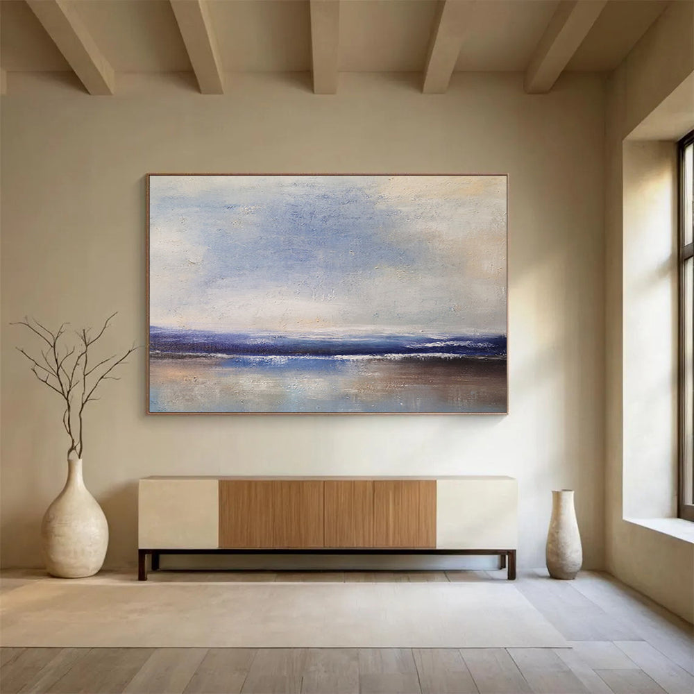 “Soft Coastal Horizon in Blues and Neutrals” - Minimalist Seascape Oil Painting On Canvas PT037