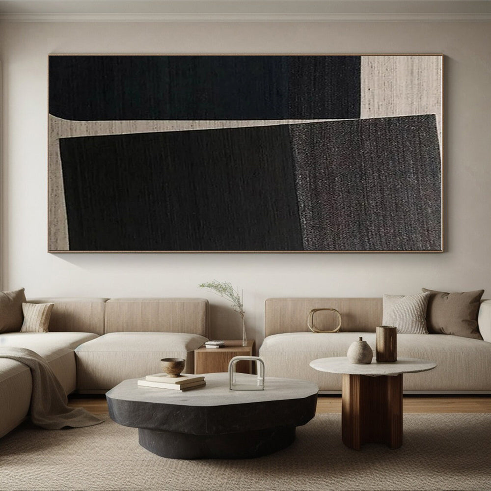 “Black & Beige Minimalism” - Black, Beige Abstract Geometric Painting On Canvas PS0660