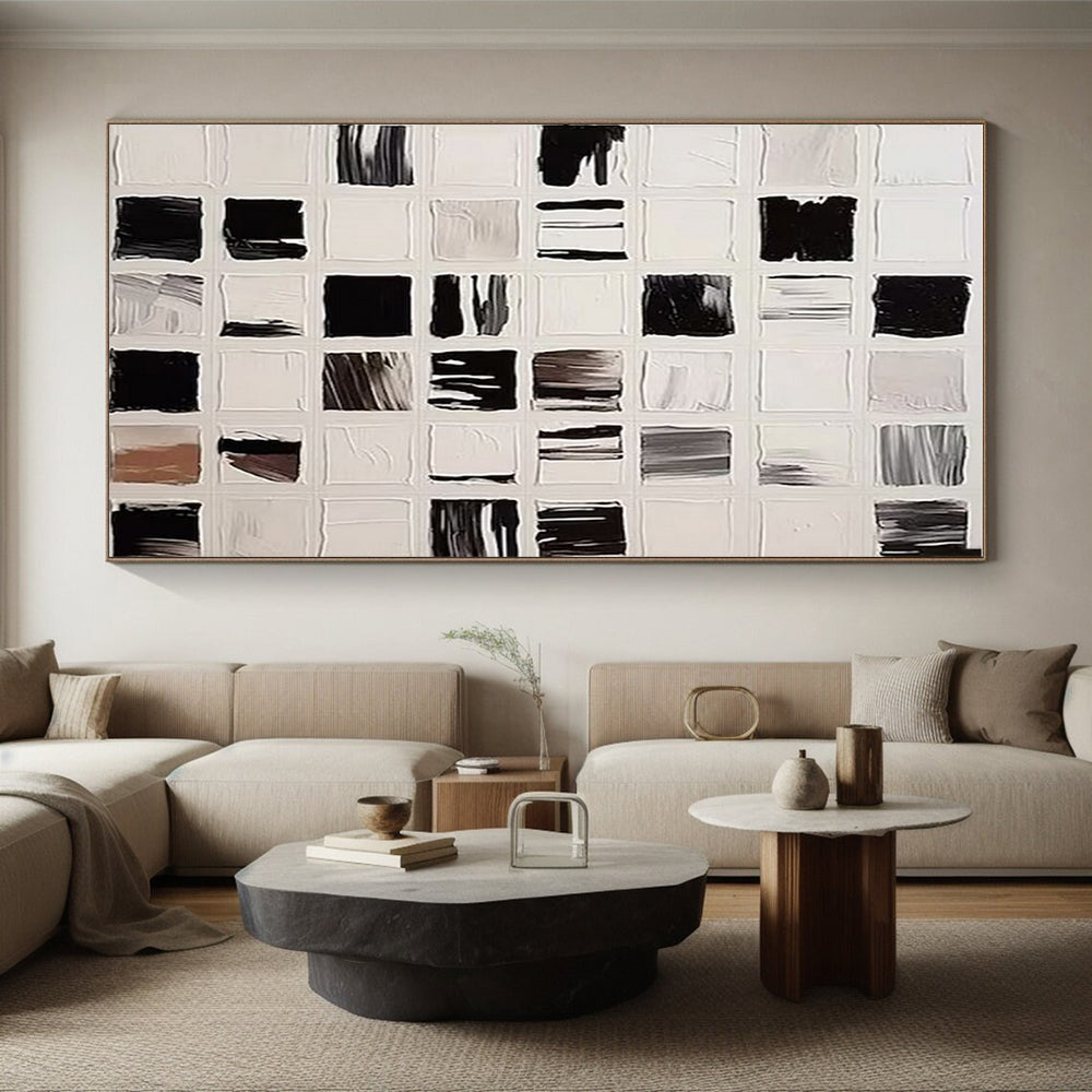 “Black & White Grid Textures” - Black, White Abstract Minimalist Painting On Canvas PS0676