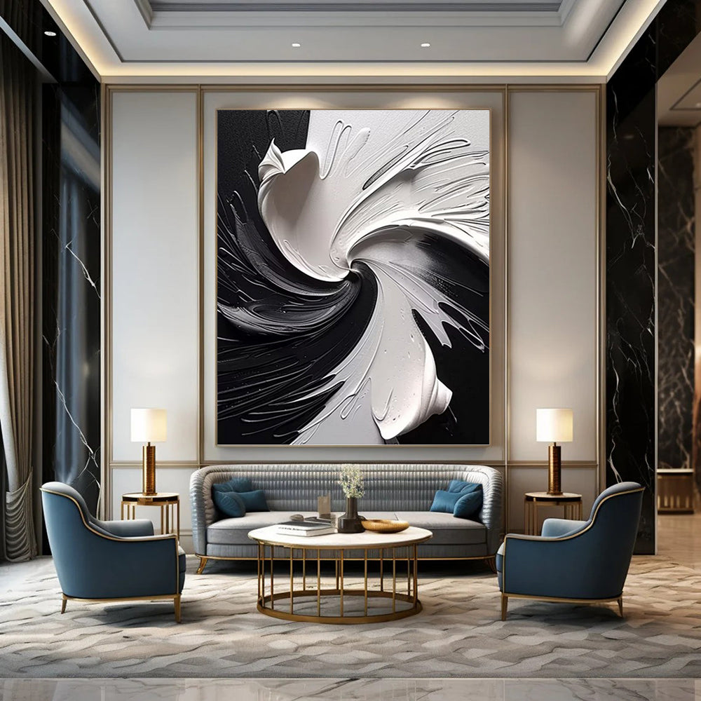 “Black & White Swirling Abstraction” - Dramatic, Monochrome Painting On Canvas PT1474