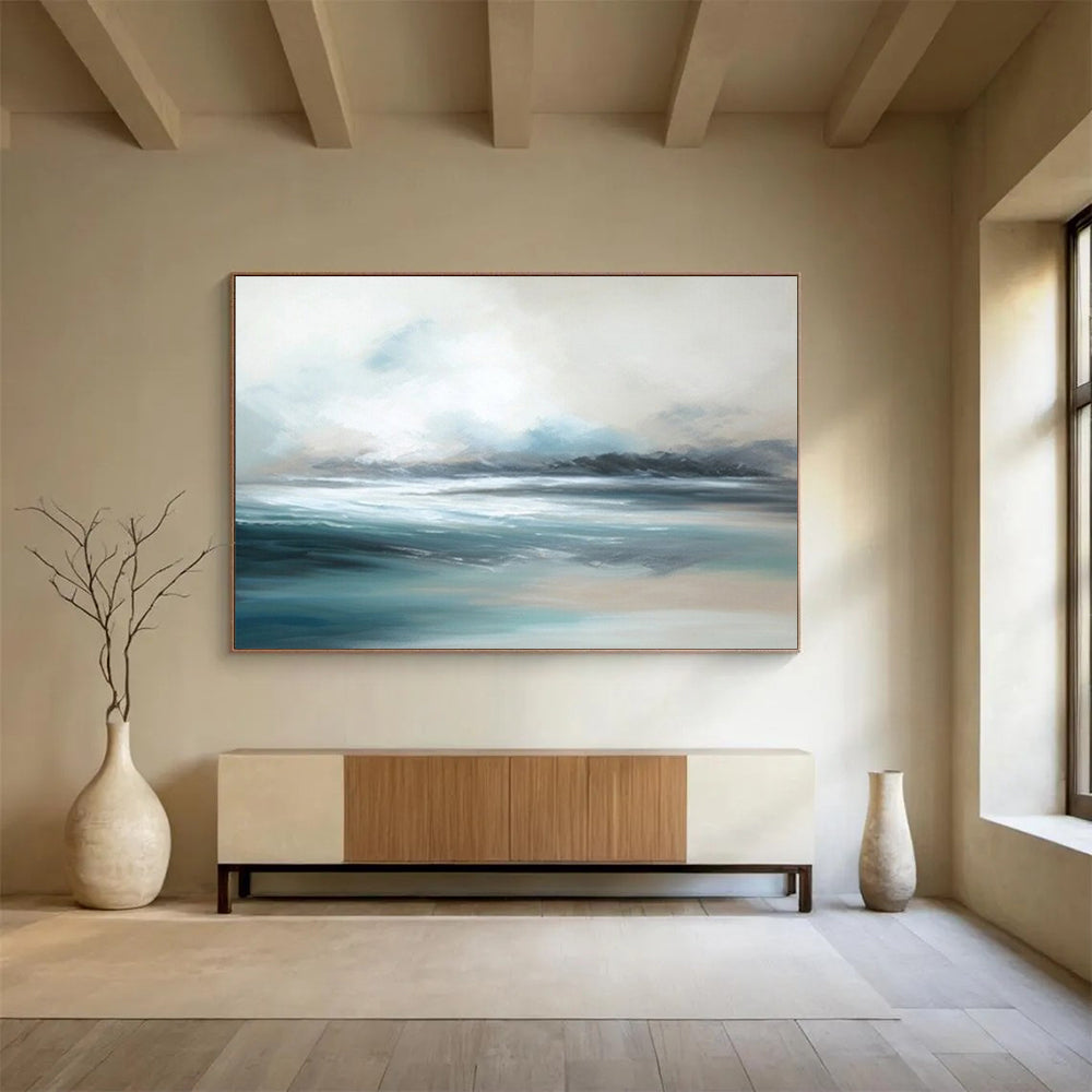 “Blue - Gray Abstract Seascape” - Calm Blue “Serene Shores” Painting On Canvas PT1638
