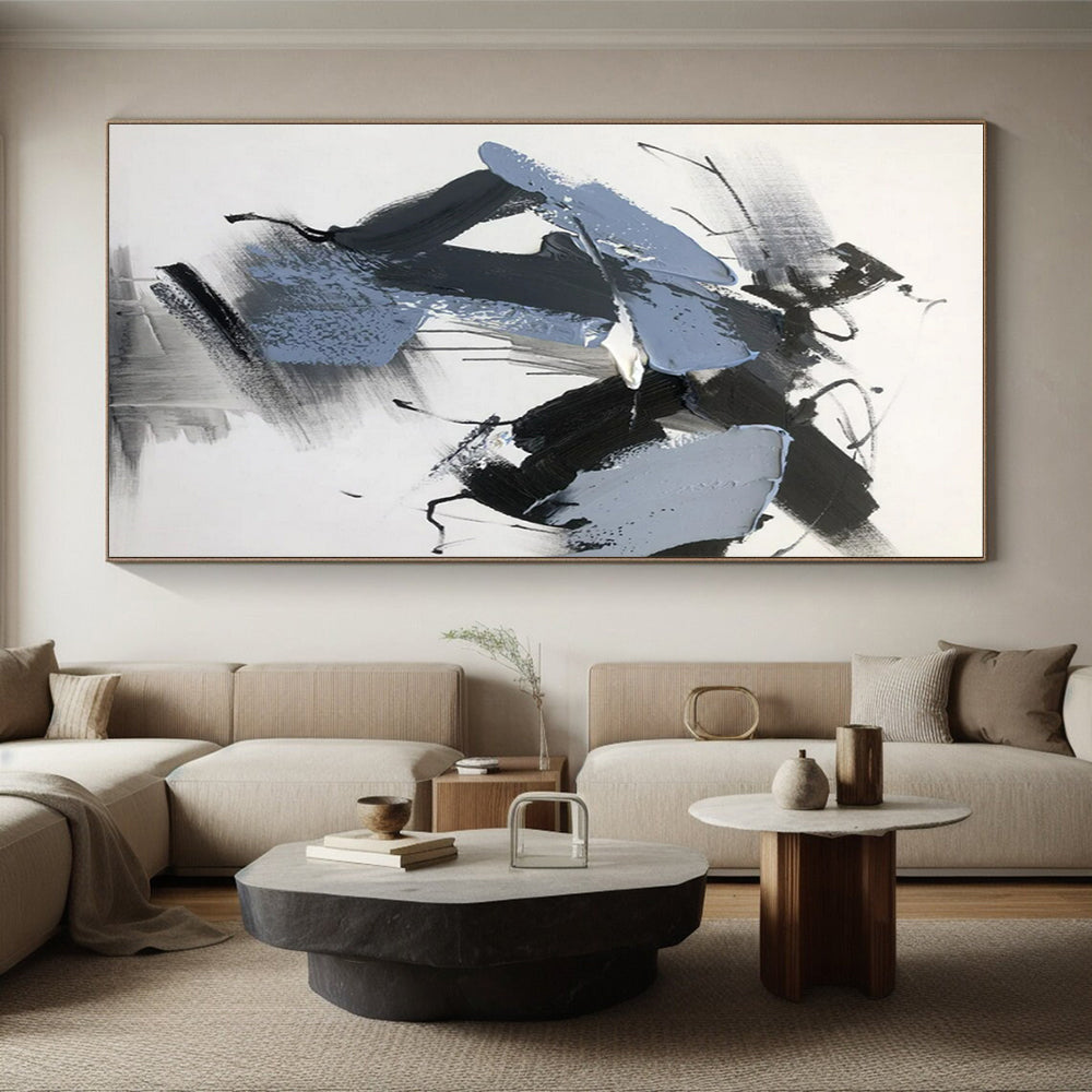 Black, Gray, Blue Dynamic Swirls “Midnight Current” - Painting On Canvas PS0795