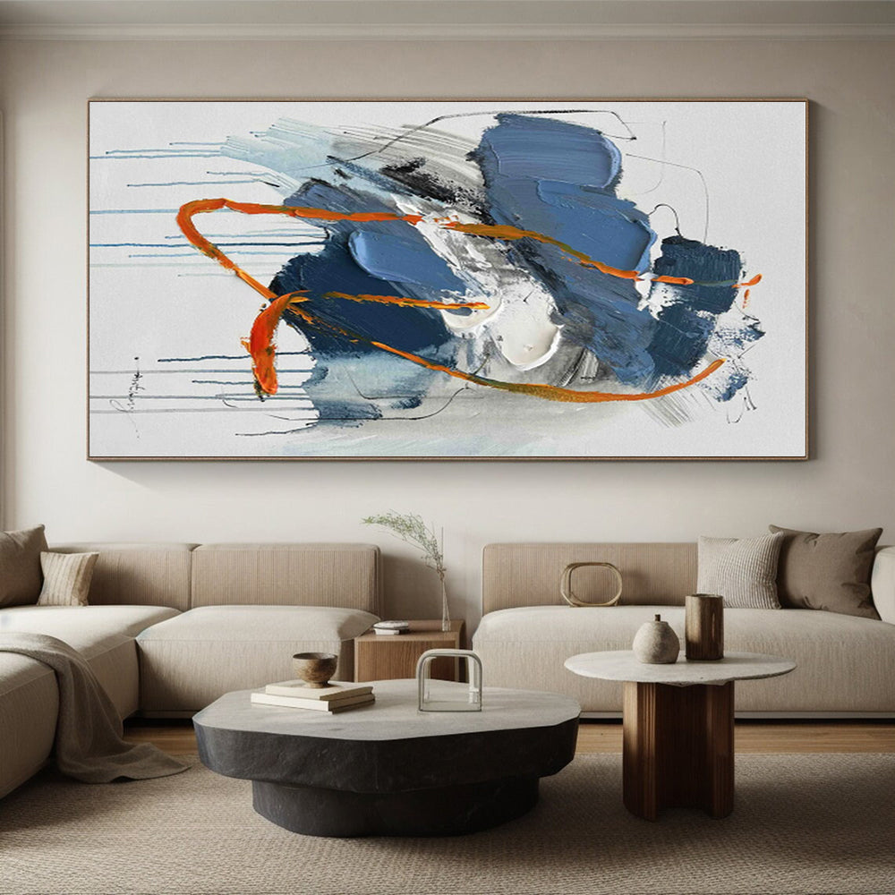 “Blue - Orange Expressive Drips” - Blue, Orange, Gray, White Abstract Painting On Canvas PS0507