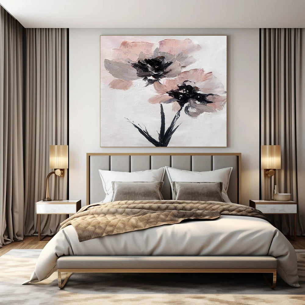 White, Pink, Gray, Black with Floral Forms "Textured Blooms" Abstract Painting On Canvas PS1428