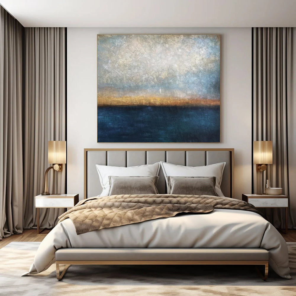 Blue, Gray, Gold, Brown with Gradient Layers "Coastal Dusk" Abstract Painting On Canvas PS1441