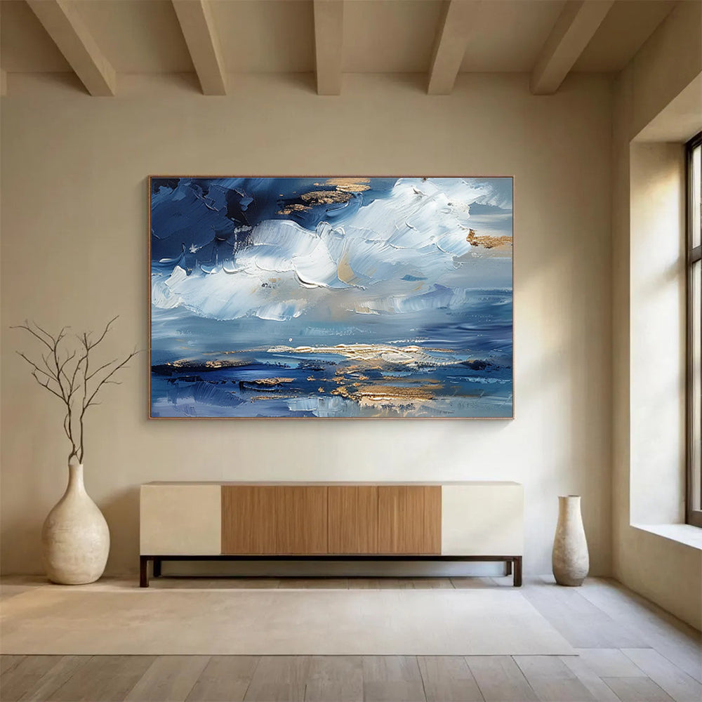 “Azure Sky & Gold Reflections” - Blue, White & Gold Abstract Landscape, Textured Sky Oil Painting On Canvas DKS684
