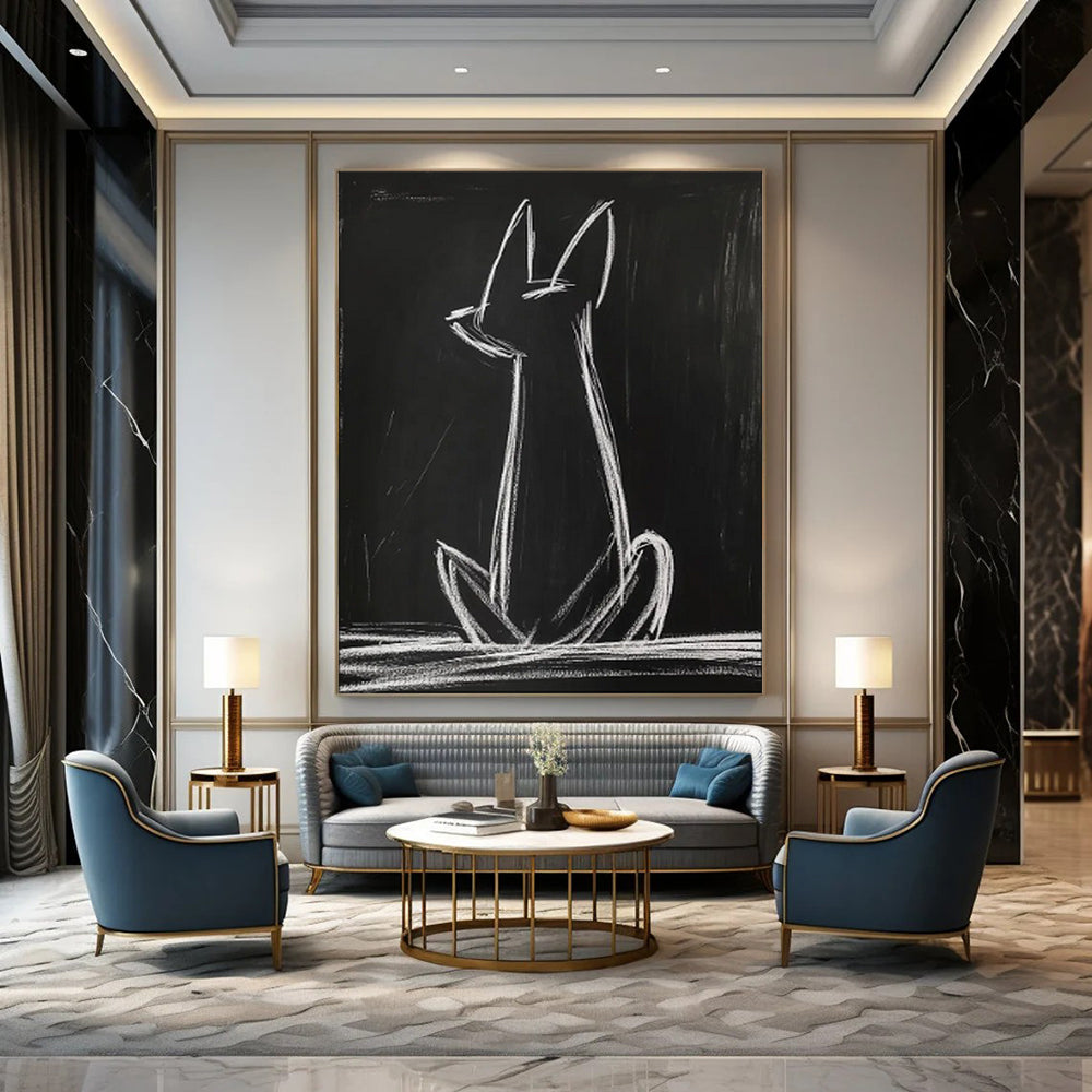 “Minimalist White Cat Silhouette” - Abstract Animal Painting On Canvas PT2027