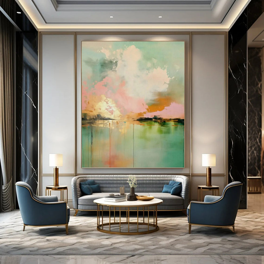 “Pink, Orange, and Green Landscape Abstract” - Colorful Landscape - inspired Painting On Canvas PT0994