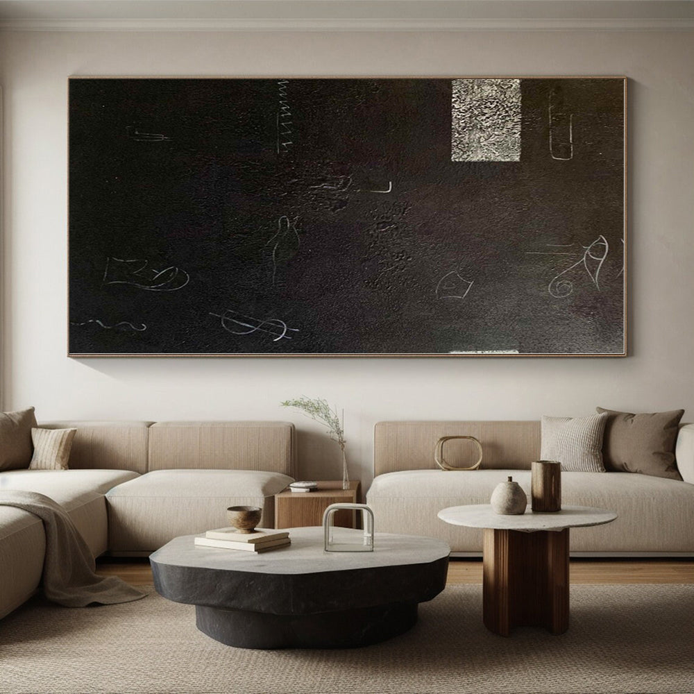 “Black - White Symbolic Abstraction” - Black, White Abstract Painting On Canvas PS0470