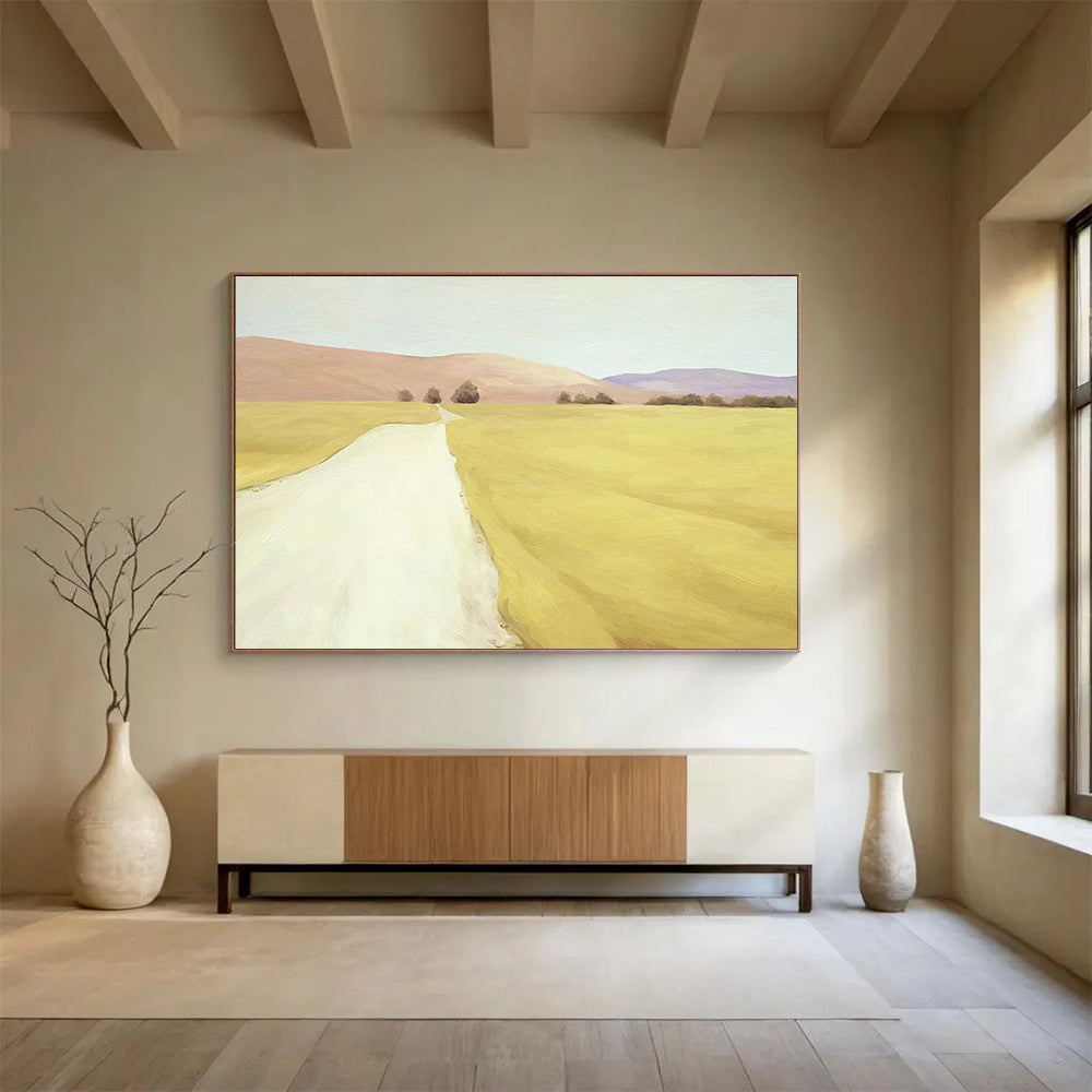 “Golden Field Path” - Yellow, Brown & Purple Landscape, Realist Oil Painting On Canvas DKS742