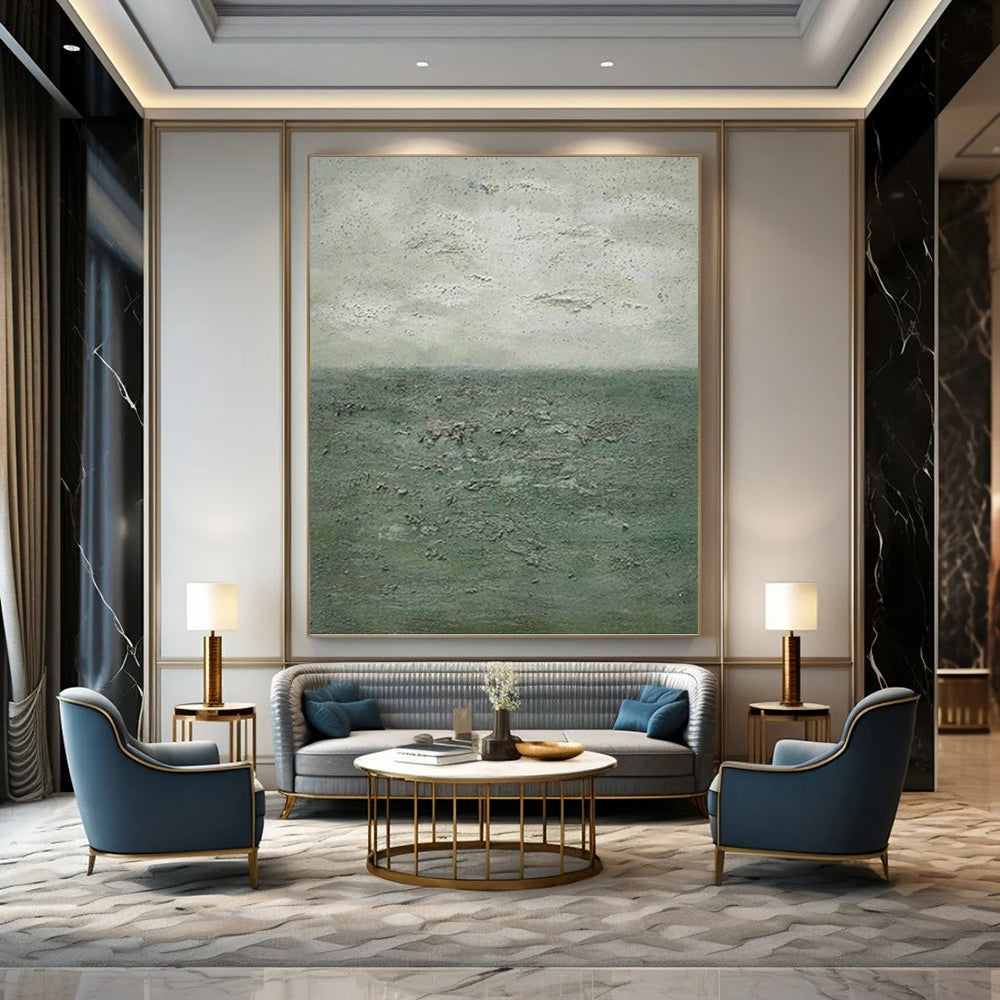 “Textured Green and Gray Seascape” - Seascape, Green - and - Gray Painting On Canvas PT1504