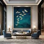 “Golden Cranes on Teal” - Nature - Inspired Painting On Canvas PT1919