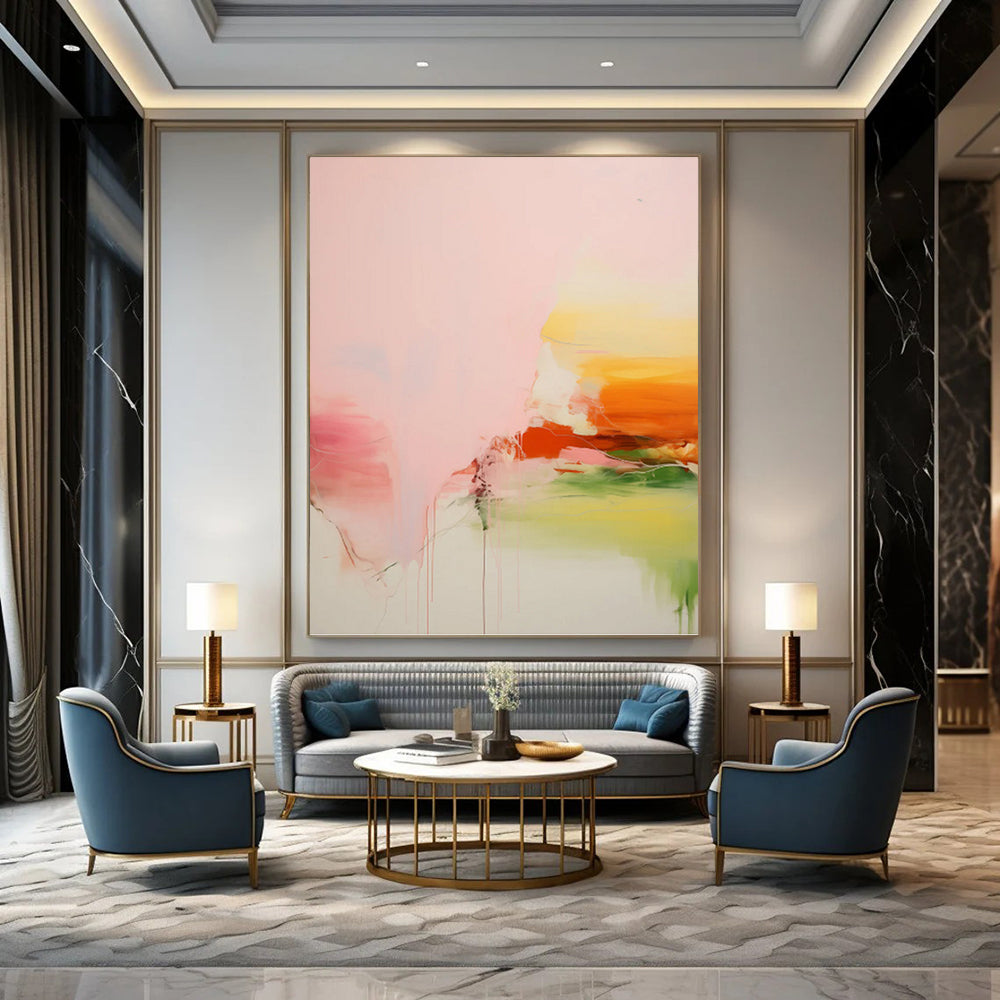 “Pink, Orange, and Green Abstract” - Colorful Drip Painting On Canvas PT0991