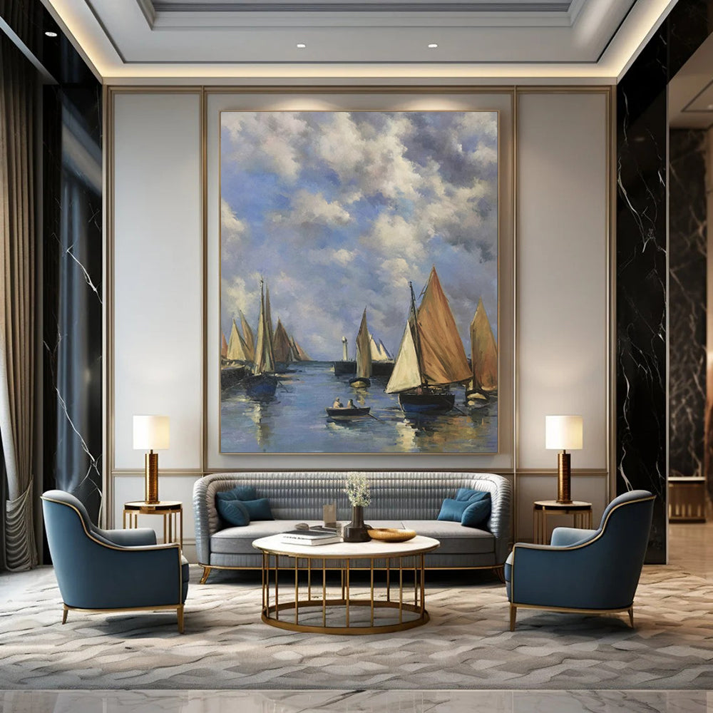 “Sailboats Under a Cloudy Sky” - Impressionist Painting On Canvas PT1994