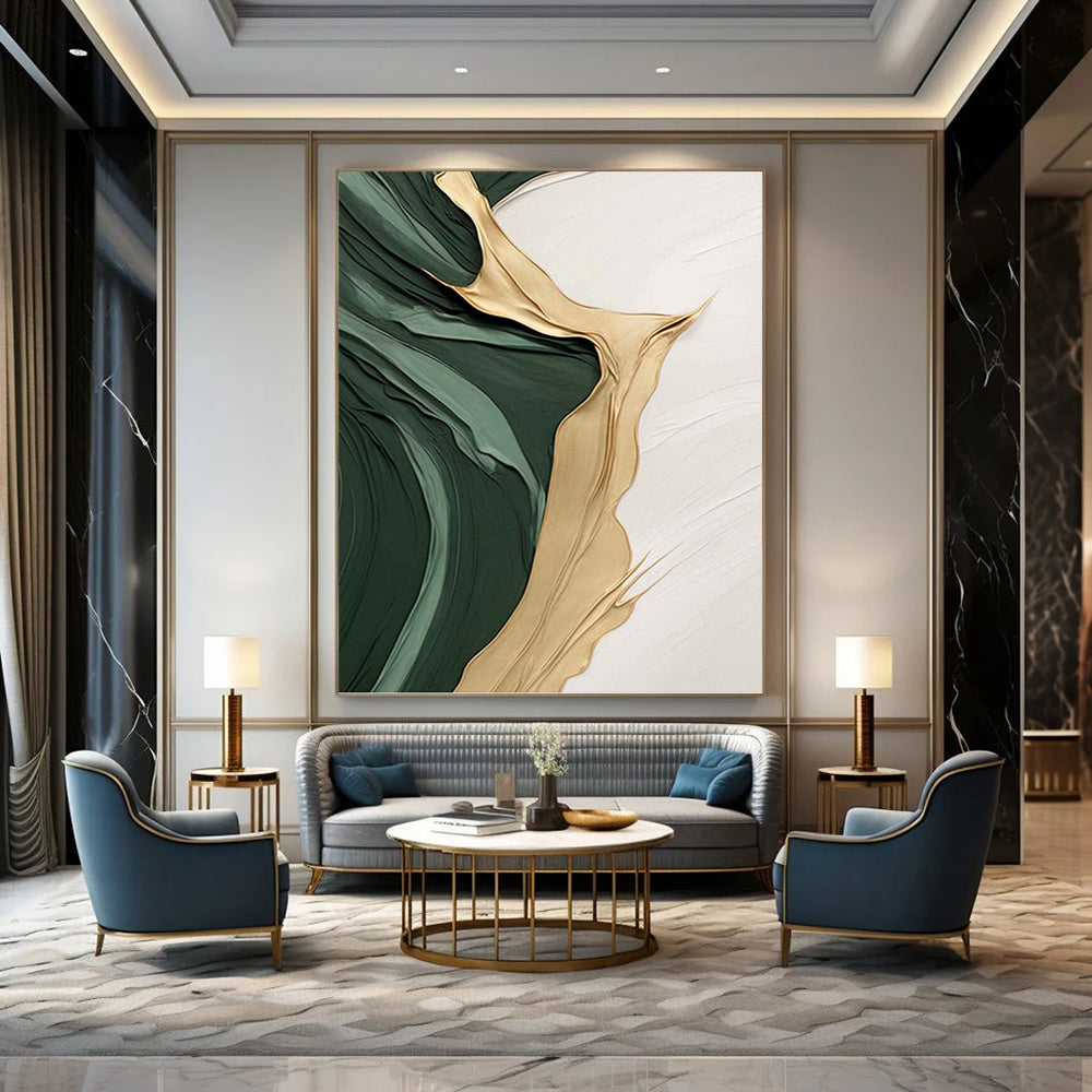 “Green and Gold Flowing Textures” - Abstract, Gold - Accented Painting On Canvas PT1496