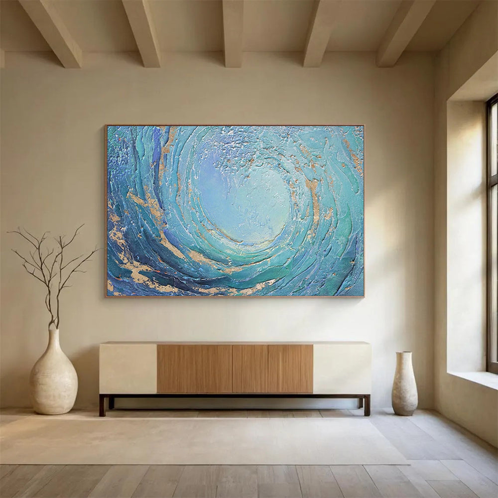 “Blue - Gold Swirl Ocean” - Textured Abstract Painting On Canvas PT254