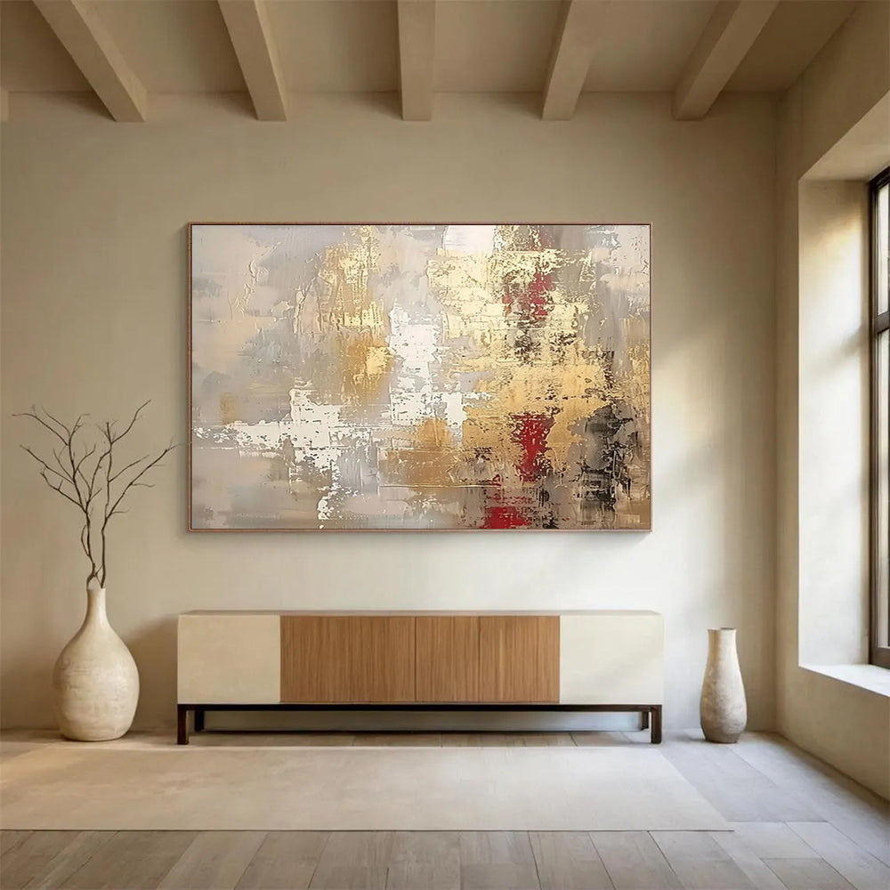 “Elegant Gray & Gold with Red Accents” - Abstract Textured Painting On Canvas PT045