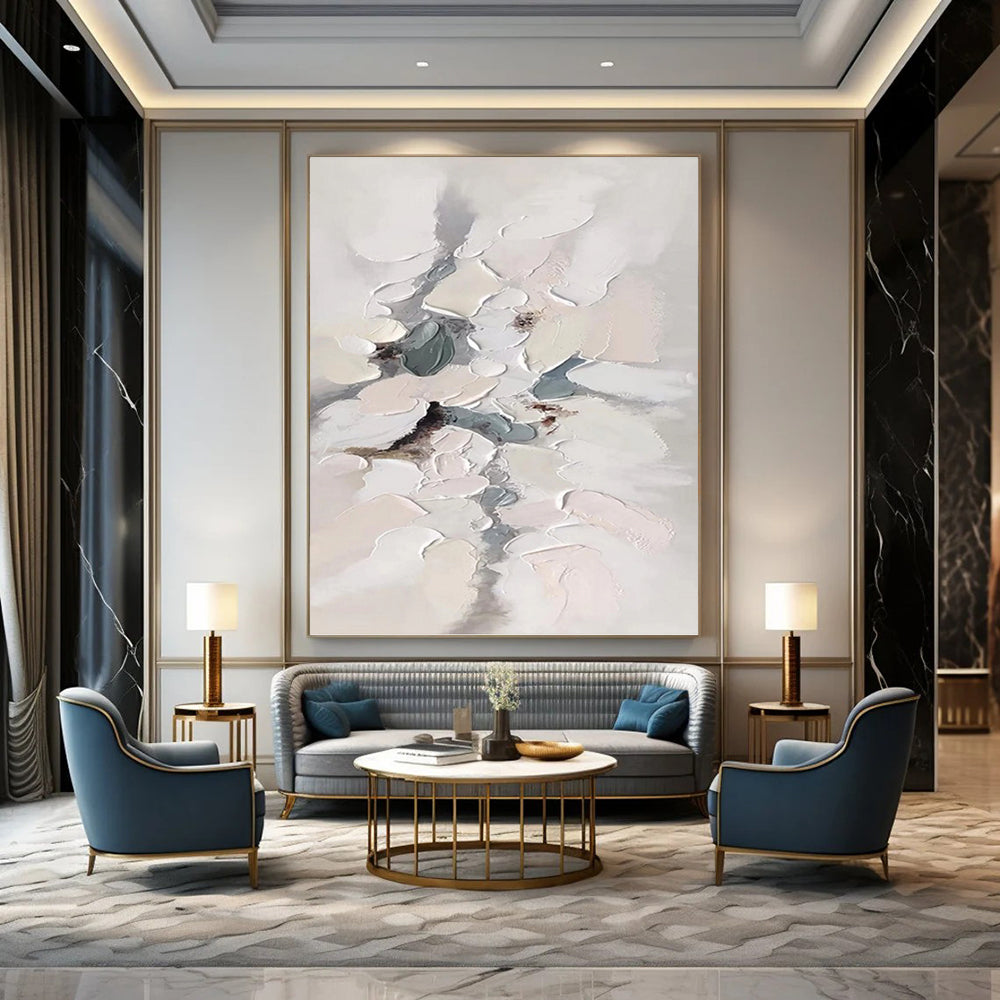 “White - Grey Abstract Blossoms” - Impasto Abstract Painting On Canvas PT1174