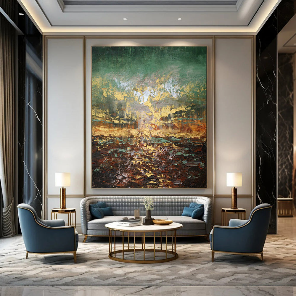 “Textured Green and Gold Abstract Landscape” - Abstract Landscape Painting On Canvas PT1942