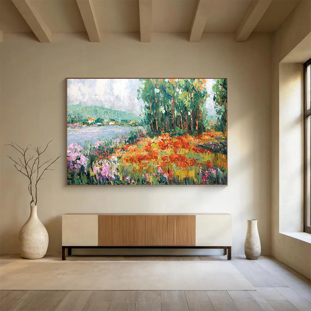 “Vibrant Lakeside Garden” - Impressionistic Landscape Painting On Canvas PT228
