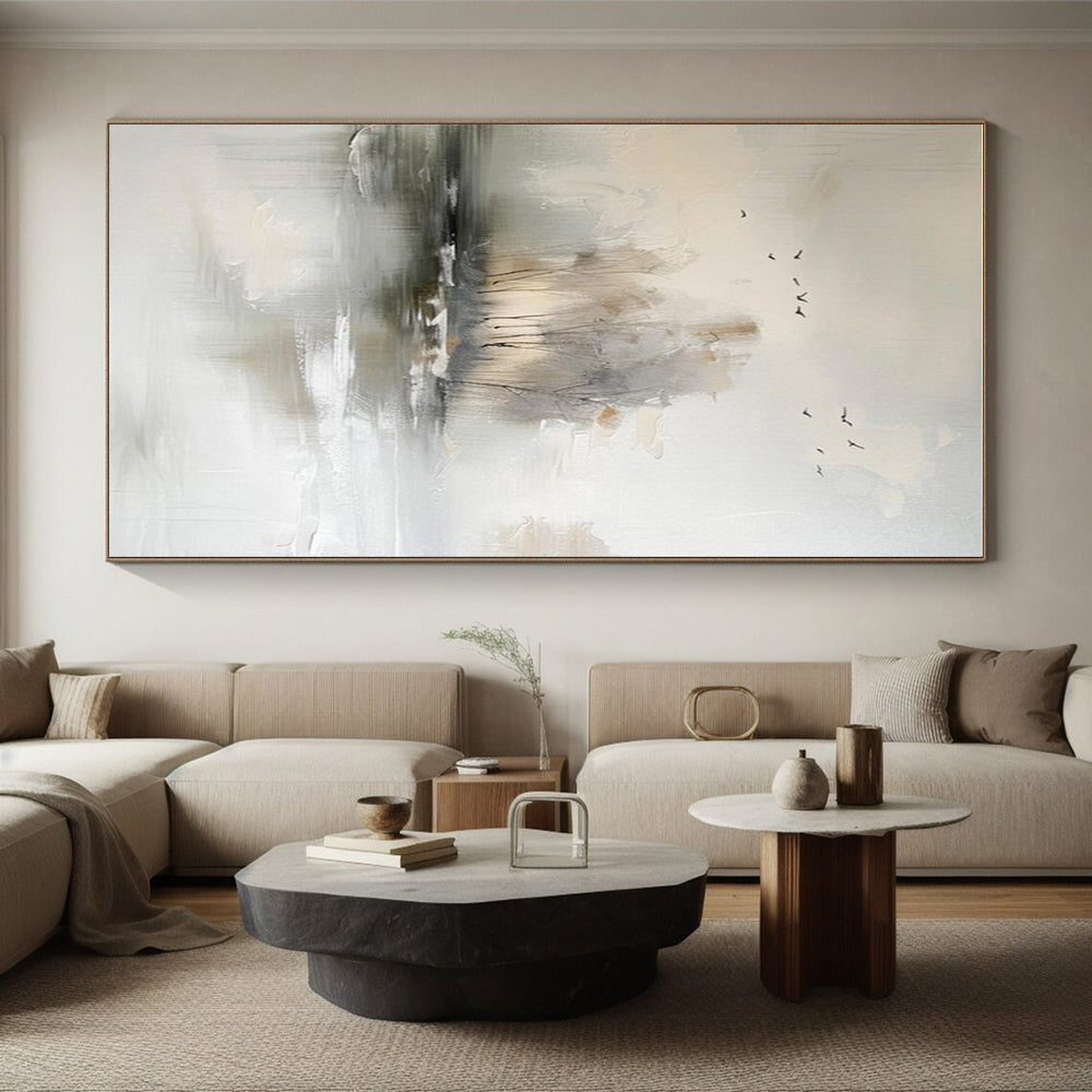 “Misty Landscape Serenity” - Gray, White, Beige Abstract Landscape Painting On Canvas PS0626